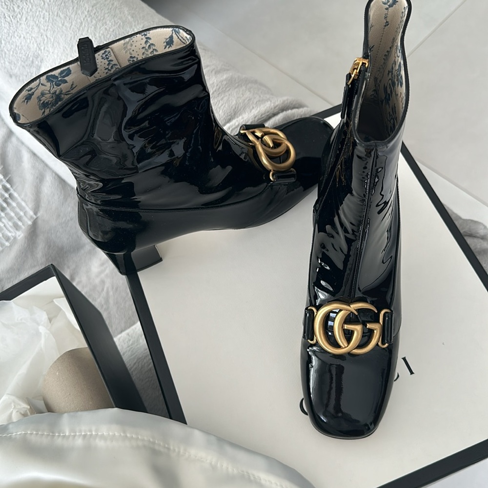 GUCCI 100% authentic,Bootie Leather Vitello Vernice, soft Nero Marmont, GG NWT - Picture 5 of 16